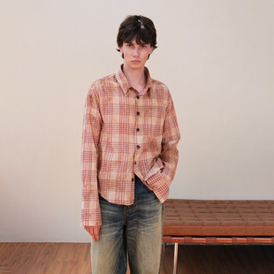 水洗做旧晕染毛边双层领红黄格纹衬衫 Set 25FW life for