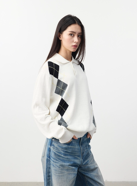 Set for life 25FW提花撞色菱格针织Polo软糯毛衣