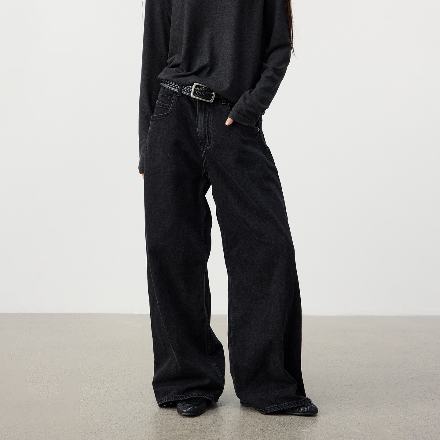 Set for life 25FW水洗黑波纹微阔牛仔裤