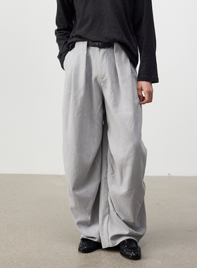 Set for life 25FW天丝混纺微阔直筒肌理彩纱打褶伞兵裤西裤