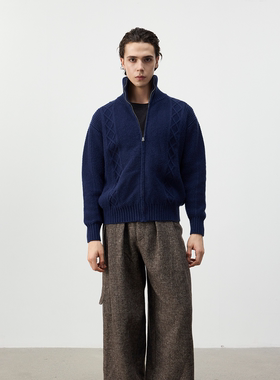 Set for life 25FW复古粗针绞花肌理针织高克重短宽毛衣外套