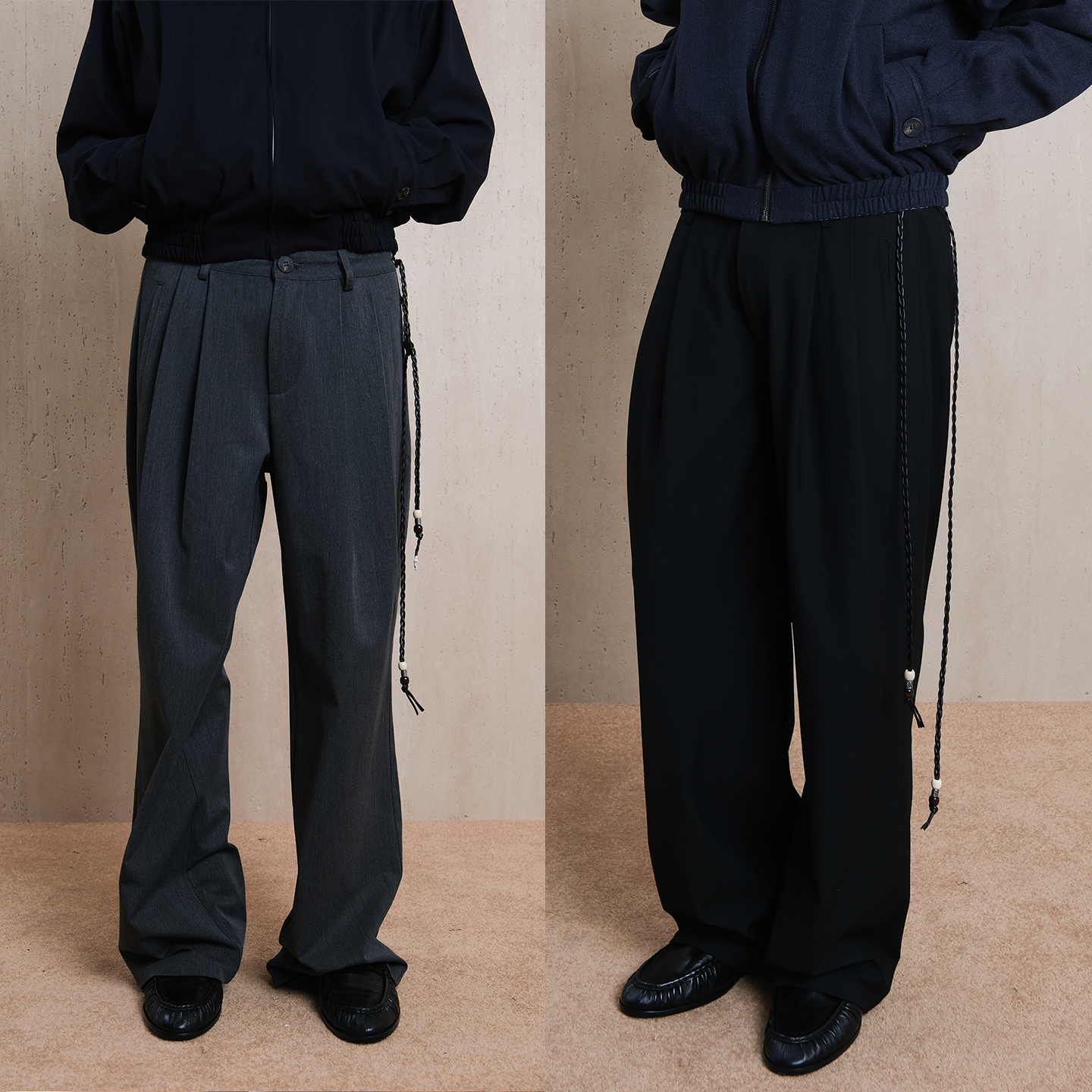 Set for life 25FW TR混纺打褶阔腿系腰皮绳西裤