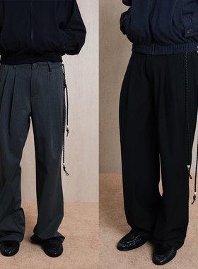 Set for life 25FW TR混纺打褶阔腿系腰皮绳西裤