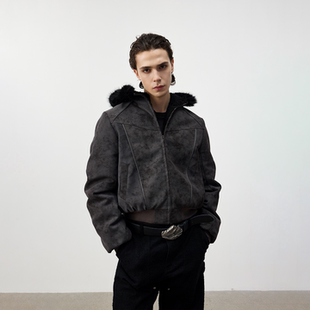 25FW life 复古肌理PU皮解构分割仿兔毛座山雕外套 for Set