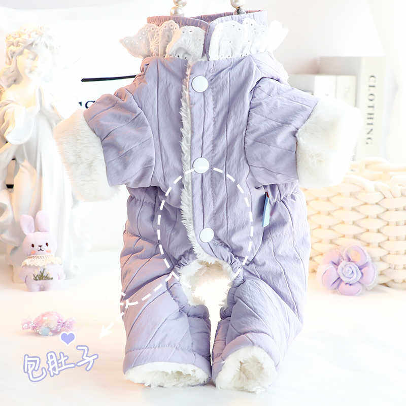 狗狗护肚衣冬天加绒保暖棉服比熊秋冬外出带牵引可爱蝴蝶结四脚衣
