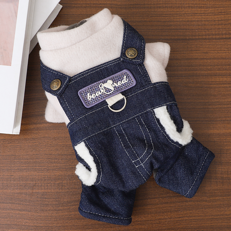 小狗牛仔背带裤带牵引环衣服秋冬保暖比熊外出加厚遛狗专用四脚衣