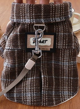 狗狗秋冬衣服小型犬冬天保暖加绒冬装比熊可牵引加厚格子居家套装