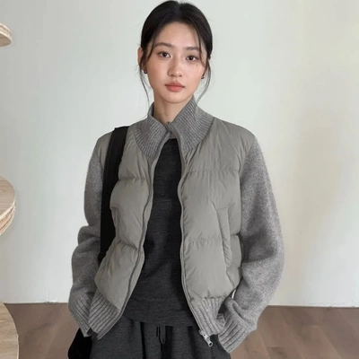 粉色针织拼接羽绒棉服女款2025新款冬季加厚夹棉外套短款轻薄棉袄