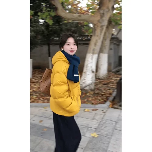 韩系姜黄色连帽加厚面包服短外套女秋冬季洋气超好看宽松棉衣棉服