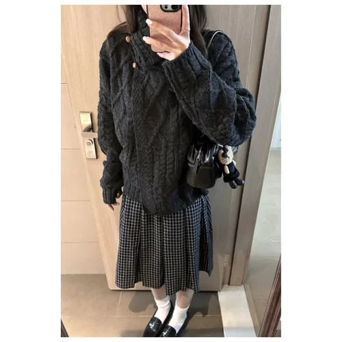 #绵羊绒#韩系高级感复古麻花毛衣不对称翻领针织开衫上衣