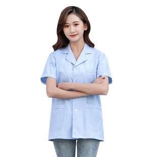 蓝色白大褂短款短袖女医生服男医师长袖冬口腔牙科护工半身工作服