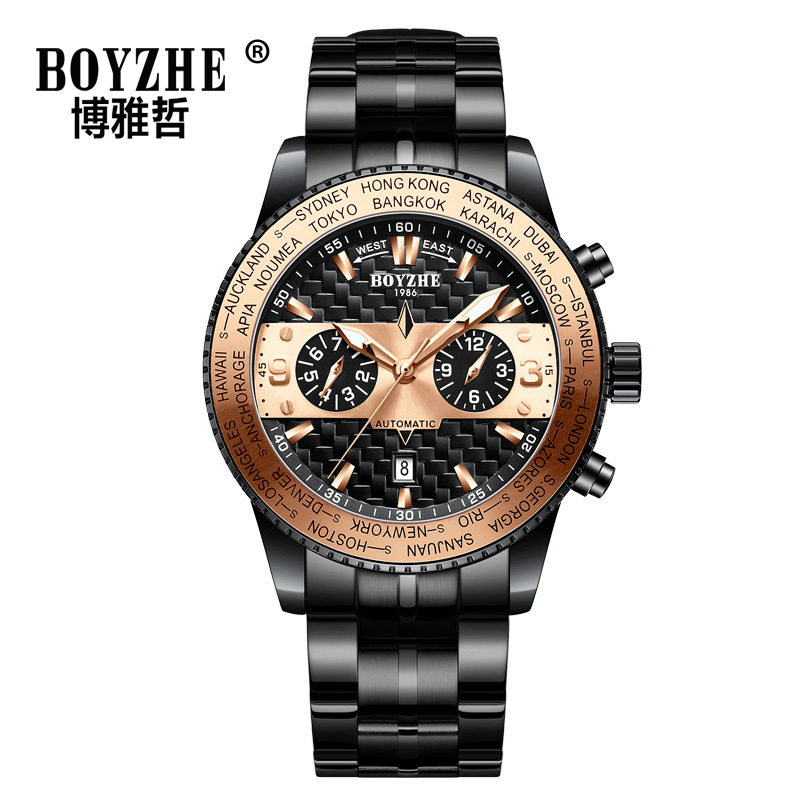 boyzhe博雅哲可旋转表盘的世界时多功能机械男表潮流时尚腕表