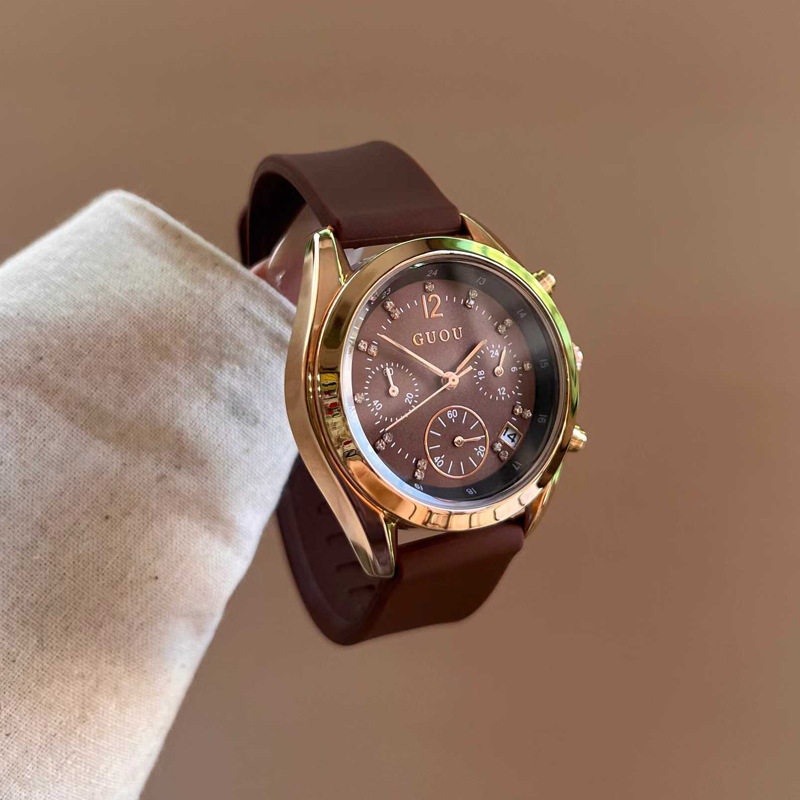 紫色水钻韩版轻奢学生女款皮带古欧多功能三眼大表盘石英GUOU腕表