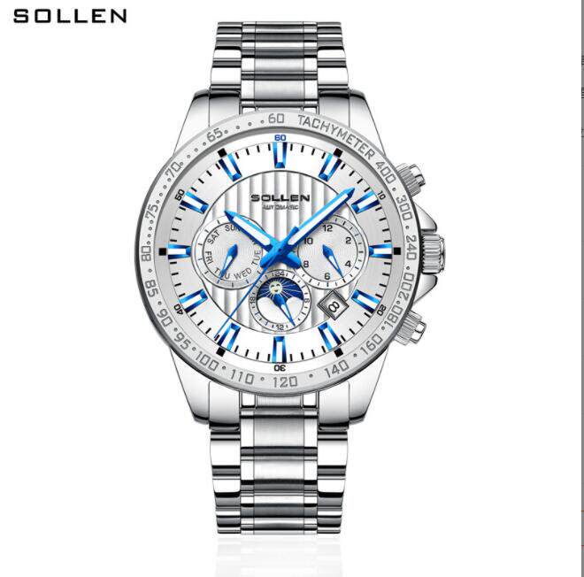 梭伦多功能男士全自动机械机芯运动手表精刚表带商务休闲夜光腕表