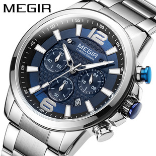 美格尔megir手表男多功能商务运动钢带男士 现货定制石英表腕表