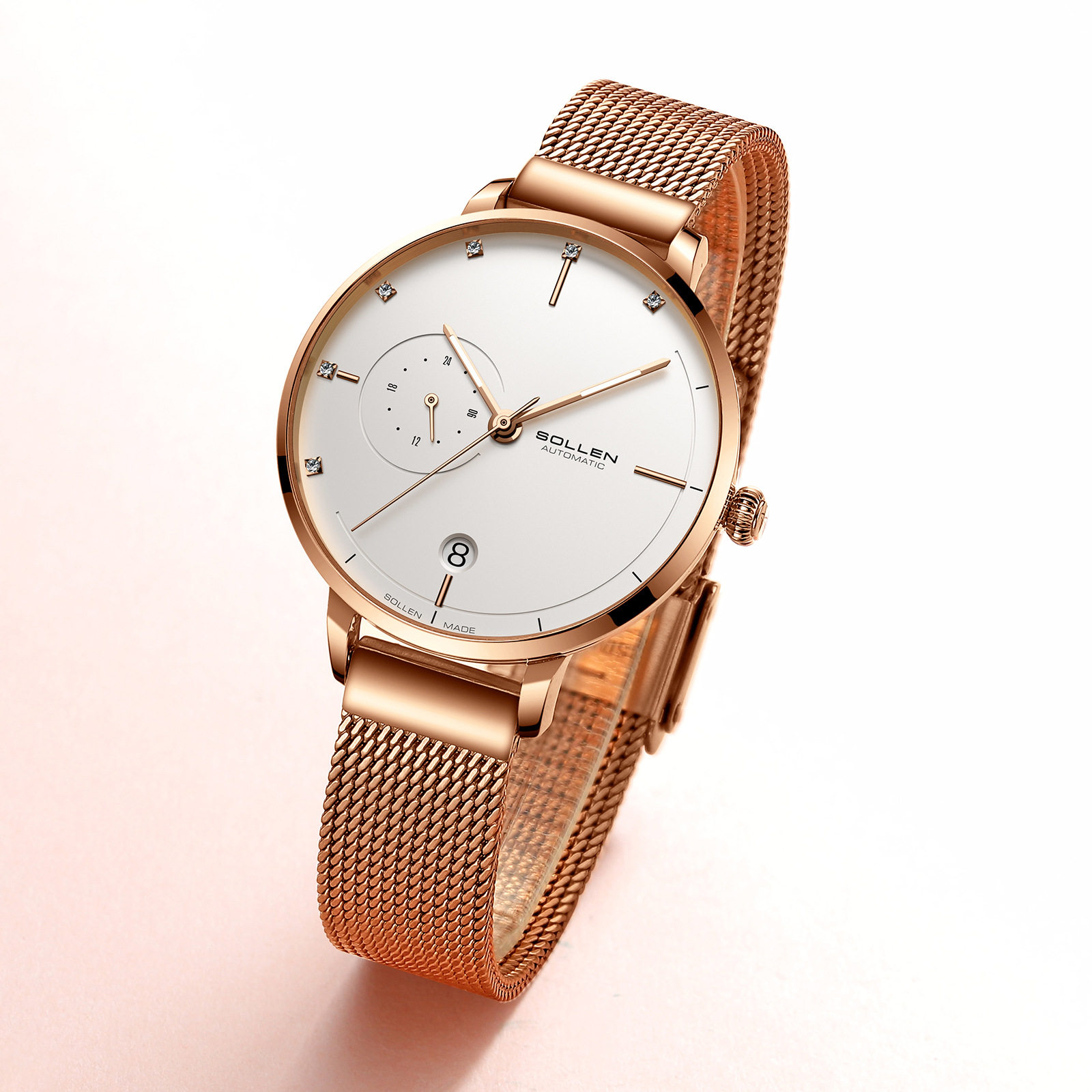 SOLLEN梭伦女士机械表简约全自动机械高档日本机芯防水镶钻网带