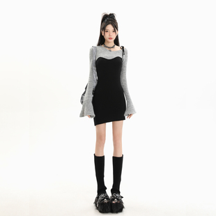 原创甜辣风纯欲辣妹黑色针织包臀裙高级感假两件连衣裙女套装裙子