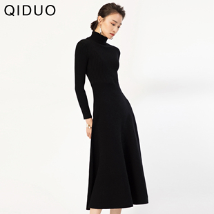 过膝长袖 大裙摆复古高领收腰长款 针织连衣裙女秋冬裙 法式 新款