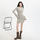 春秋冬收腰性感V领针织连衣裙内搭喇叭袖 打底包臀裙短裙女 长袖