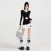 秋冬美式 学院甜辣风长袖 V领拼接假小个子假两件百褶连衣裙短裙女