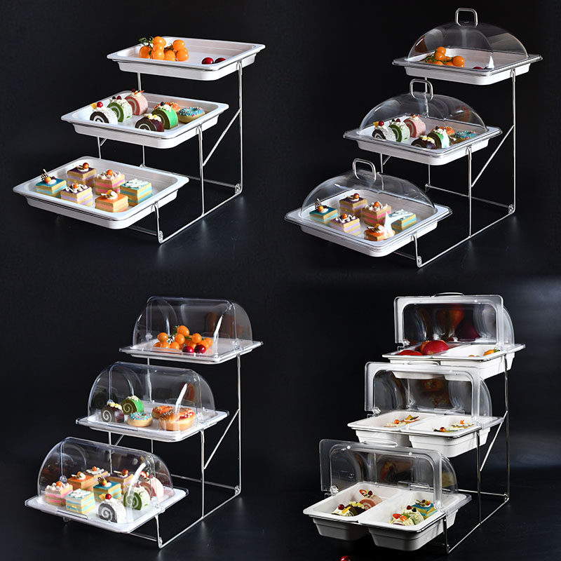 三层多层食物水果点心蛋糕拼盘仿瓷密胺自助餐托盘展示架透明翻盖