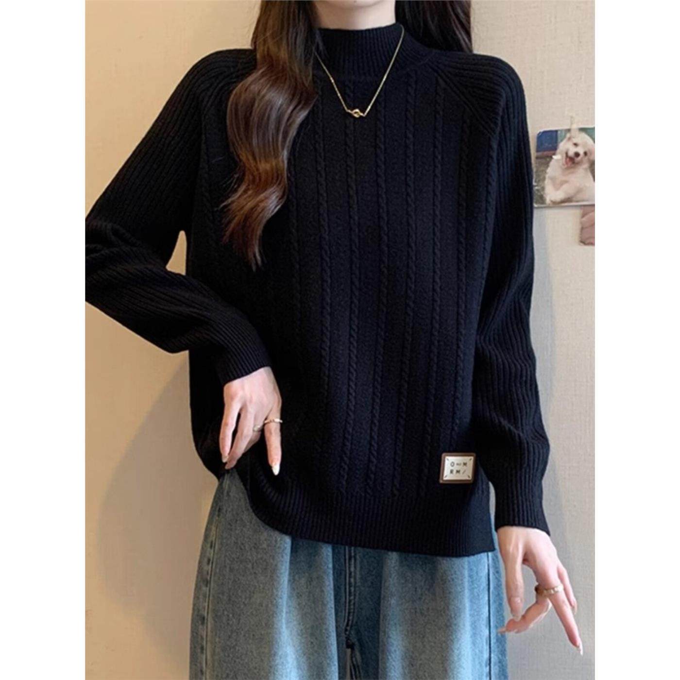 半高领打底衫黑色毛衣女2025秋冬新款大码胖mm欧货针织衫正肩上衣,女装/女士精品,大码内搭,淘宝优惠券,粉丝福利购,淘宝优惠卷