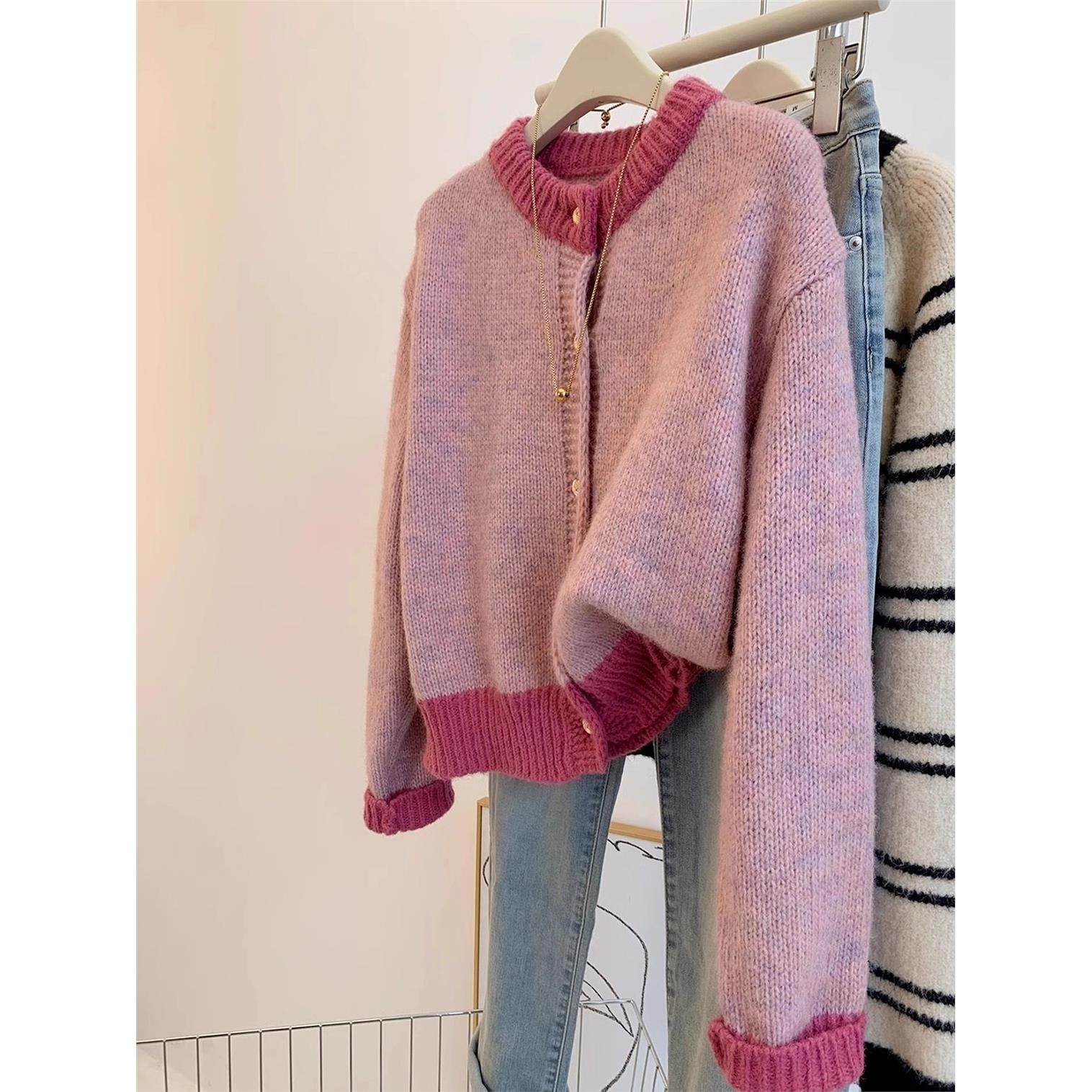 小香风粉色短款毛衣外套女秋冬春装加厚慵懒风小个子针织开 衫上,女装/女士精品,毛针织衫,淘宝优惠券,粉丝福利购,淘宝优惠卷