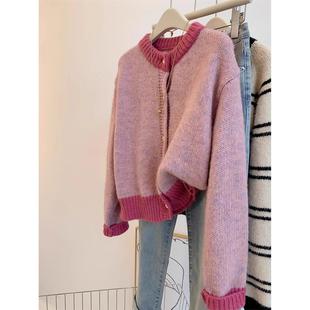 小香风粉色短款毛衣外套女秋冬春装加厚慵懒风小个子针织开 衫上