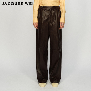 设计师官方店2023AW秋冬露褐色长裤 WEI JACQUES 皮裤 直筒剪裁