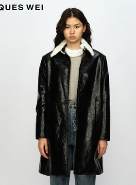【羊皮大衣】JACQUES WEI 官方店2023AW秋冬黑色漆皮毛领长款外套