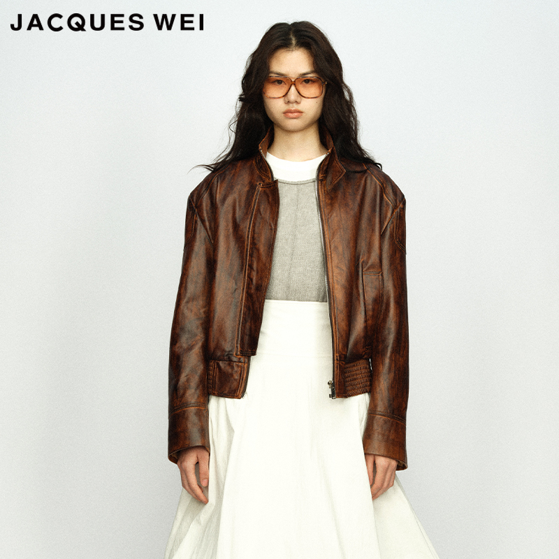 JACQUESWEI做旧羊皮短款夹克