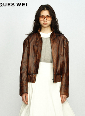 【皮质柔软】JACQUES WEI官方店23AW秋冬美拉德做旧羊皮短款夹克