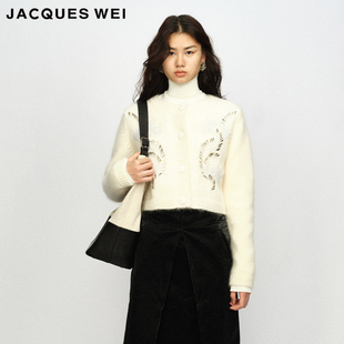 JACQUESWEI设计师2023AW手工钻片钩花毛衣象牙白开衫 手工钩花