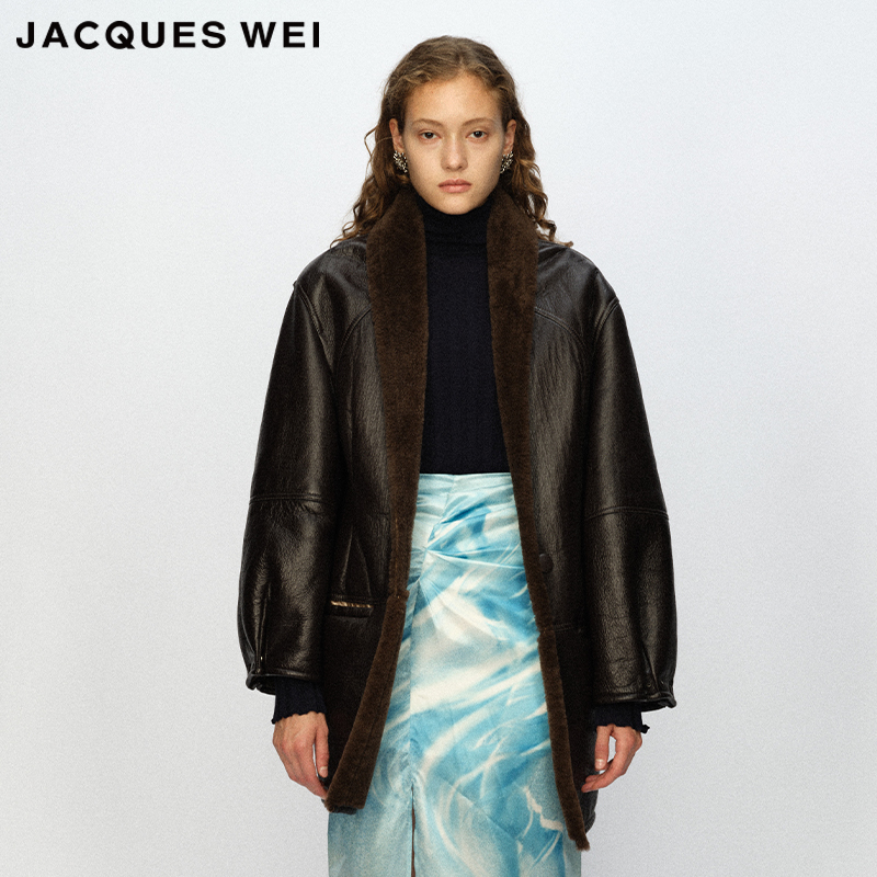 JACQUESWEI深褐色皮毛一体大衣