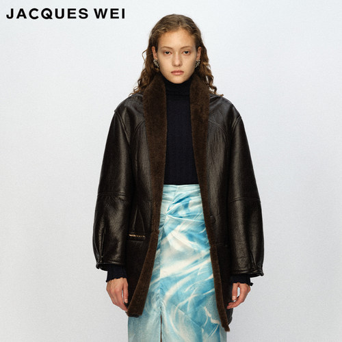 JACQUESWEI深褐色皮毛一体大衣