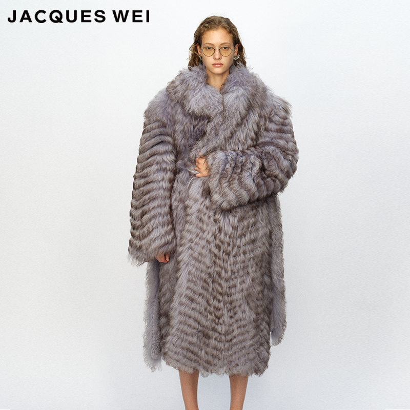 【何穗同款】JACQUES WEI 2023AW官方店烟紫色长皮毛一体皮草大衣