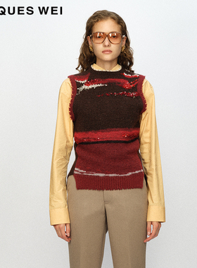 【刺绣钉珠】JACQUES WEI 设计师官方店23AW秋冬红色马甲针织背心