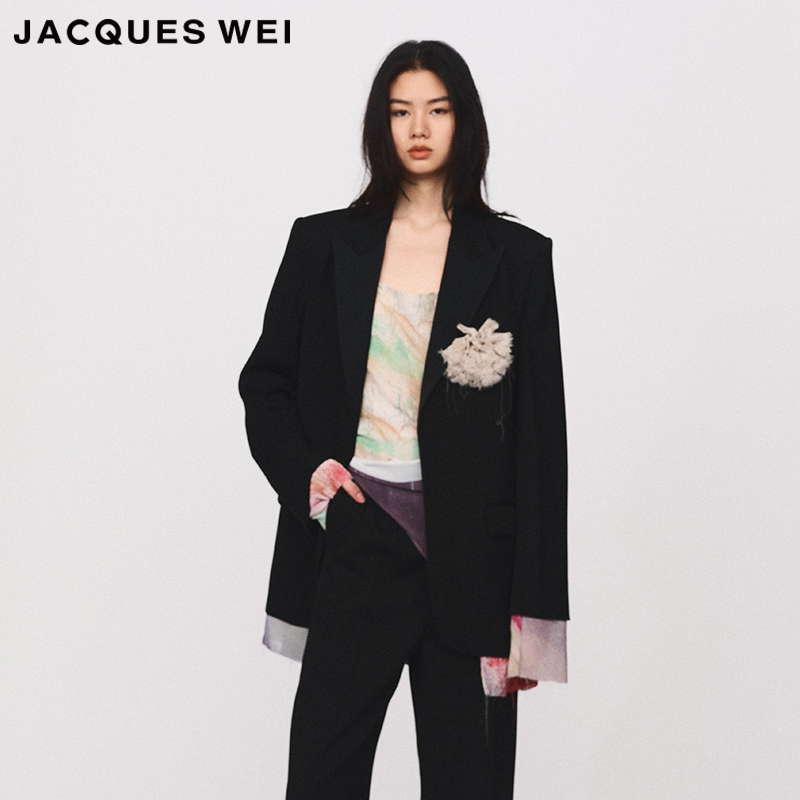 JACQUES WEI 设计师官方店2024SS春夏黑色翻领拼接印花西装外套