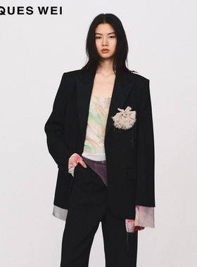 JACQUES WEI 设计师官方店2024SS春夏黑色翻领拼接印花西装外套
