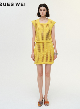 JACQUESWEI设计师官方店2023SS春夏新品樱草黄雪尼尔水晶钉珠毛衣