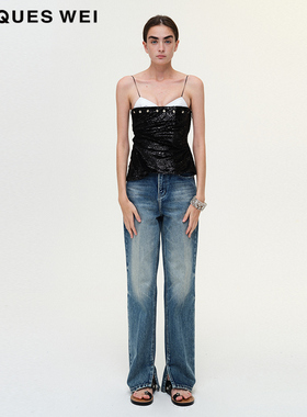 JACQUESWEI官方设计师2023SS刺芹深蓝直筒牛仔裤