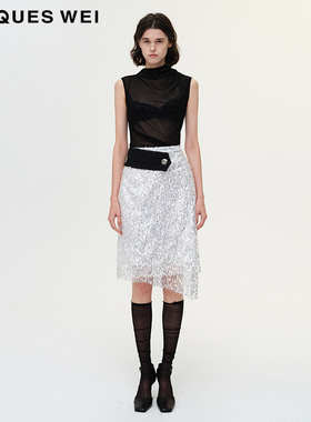 JACQUES WEI 设计师官方店2023SS新款水滴透明片蕾丝半裙白色包臀