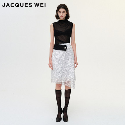 JACQUES WEI 设计师官方店2023SS新款水滴透明片蕾丝半裙白色包臀