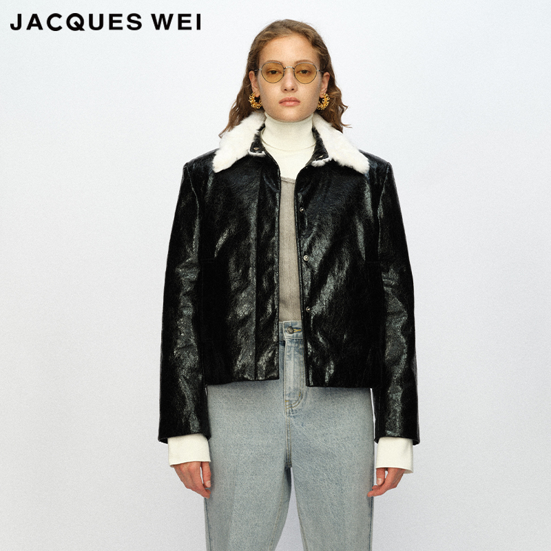 JACQUESWEI黑色漆皮毛领短夹克