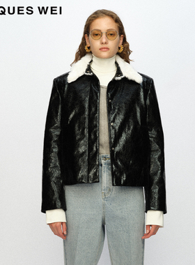 【羊皮毛一体】JACQUES WEI 官方店2023AW秋冬黑色漆皮毛领短夹克