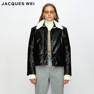 WEI JACQUES 官方店2023AW秋冬黑色漆皮毛领短夹克 羊皮毛一体