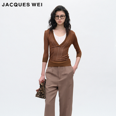 JACQUES WEI 2025春季新款简约棕色针织V领中袖polo衫休闲上衣女
