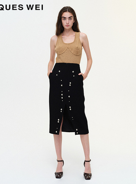 JACQUES WEI 设计师官方店2023SS春夏新款黑色铆钉开叉半裙