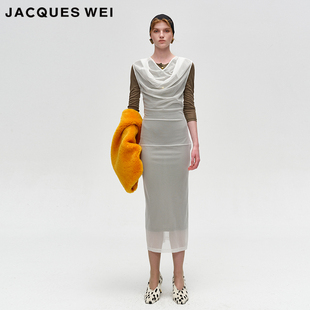 棕色双层薄纱透视长裙女 设计师官方店2024AW秋冬新款 JACQUES WEI