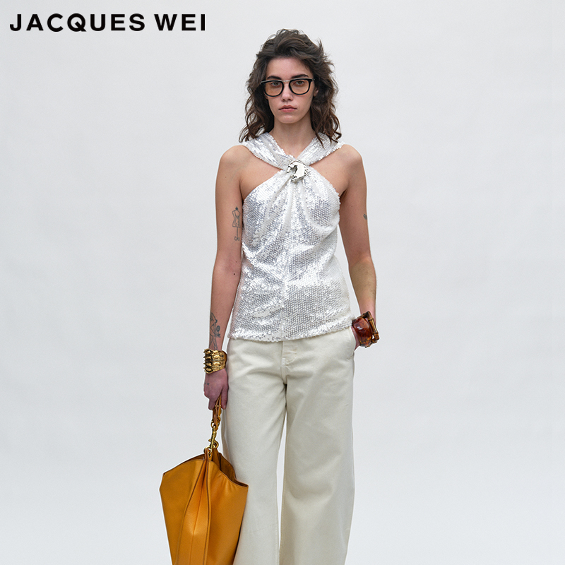 JACQUES WEI 2025春季新款银色亮片金属马头扭结背心女